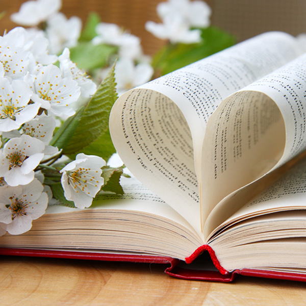 Aufgeschlagenes Buch, bei dem zwei Seiten zu einer Herzform zusammengebogen sind. Daneben weiße Blüten.